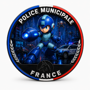 Écusson PVC 3D Police Municipale – Robot Bleu Futuriste
