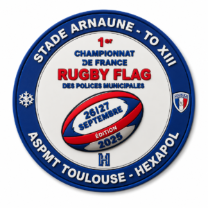Écusson 1er Championnat de France Rugby Flag 2025 – ASPMT Toulouse – Hexapol – PVC 3D