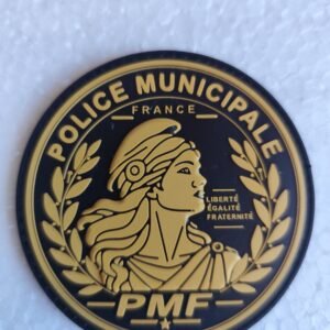 Écusson rond Police Municipale France PMF noir et or, Marianne et couronne de laurier